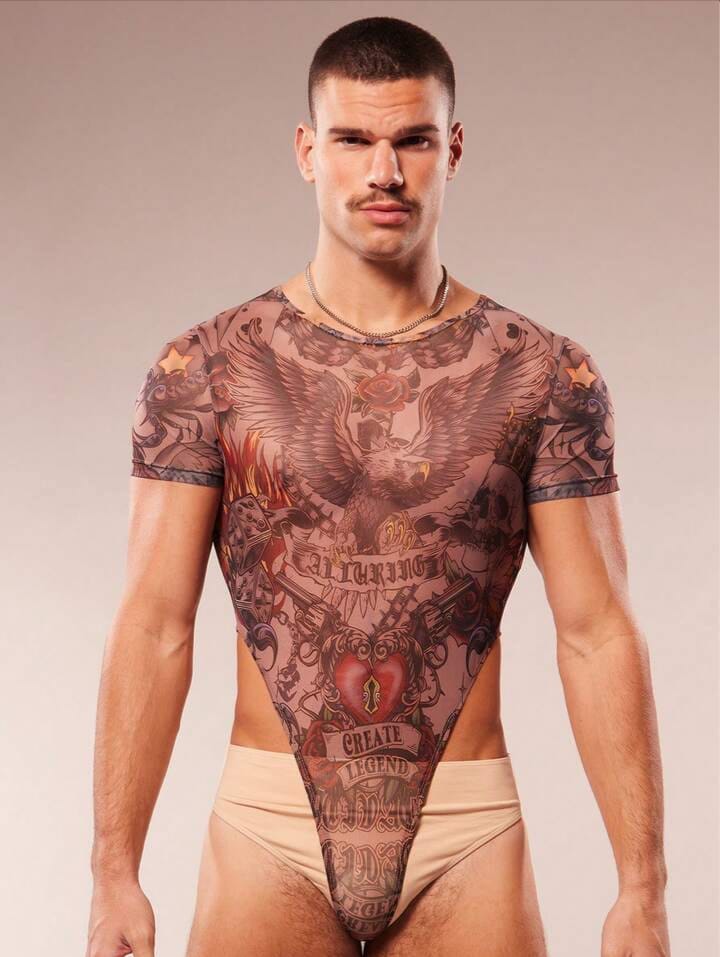 Men's Eagle Print Round Neck Short Sleeve High Cut Mesh Bodysuit